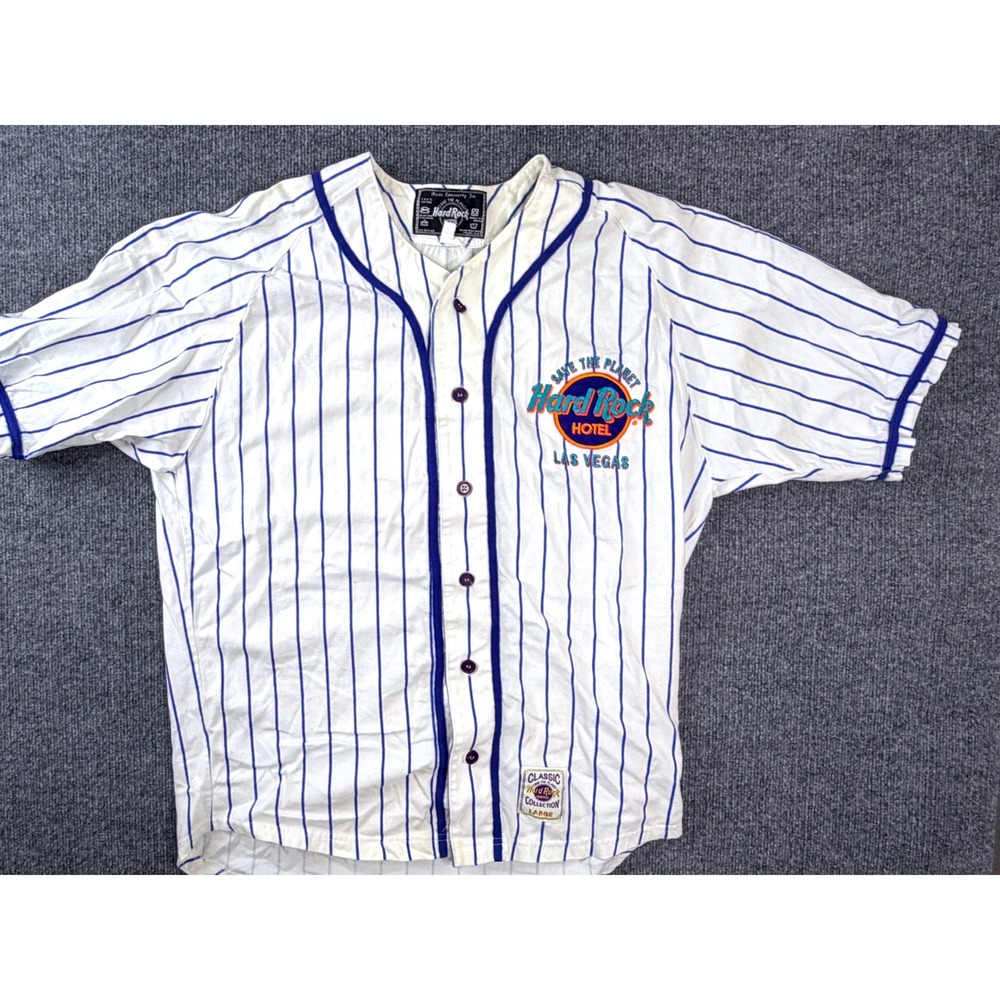 Vintage Hard Rock Hotel Las Vegas Baseball Jersey Pinstripe 90s Large White Blue